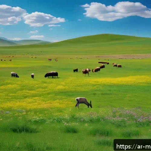 몽골 대초원의 사계절 - A serene Mongolian meadow in spring under a bright blue sky, lush vibrant green grass stretching end...