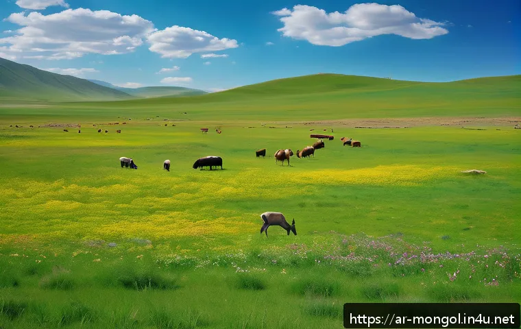 몽골 대초원의 사계절 - A serene Mongolian meadow in spring under a bright blue sky, lush vibrant green grass stretching end...