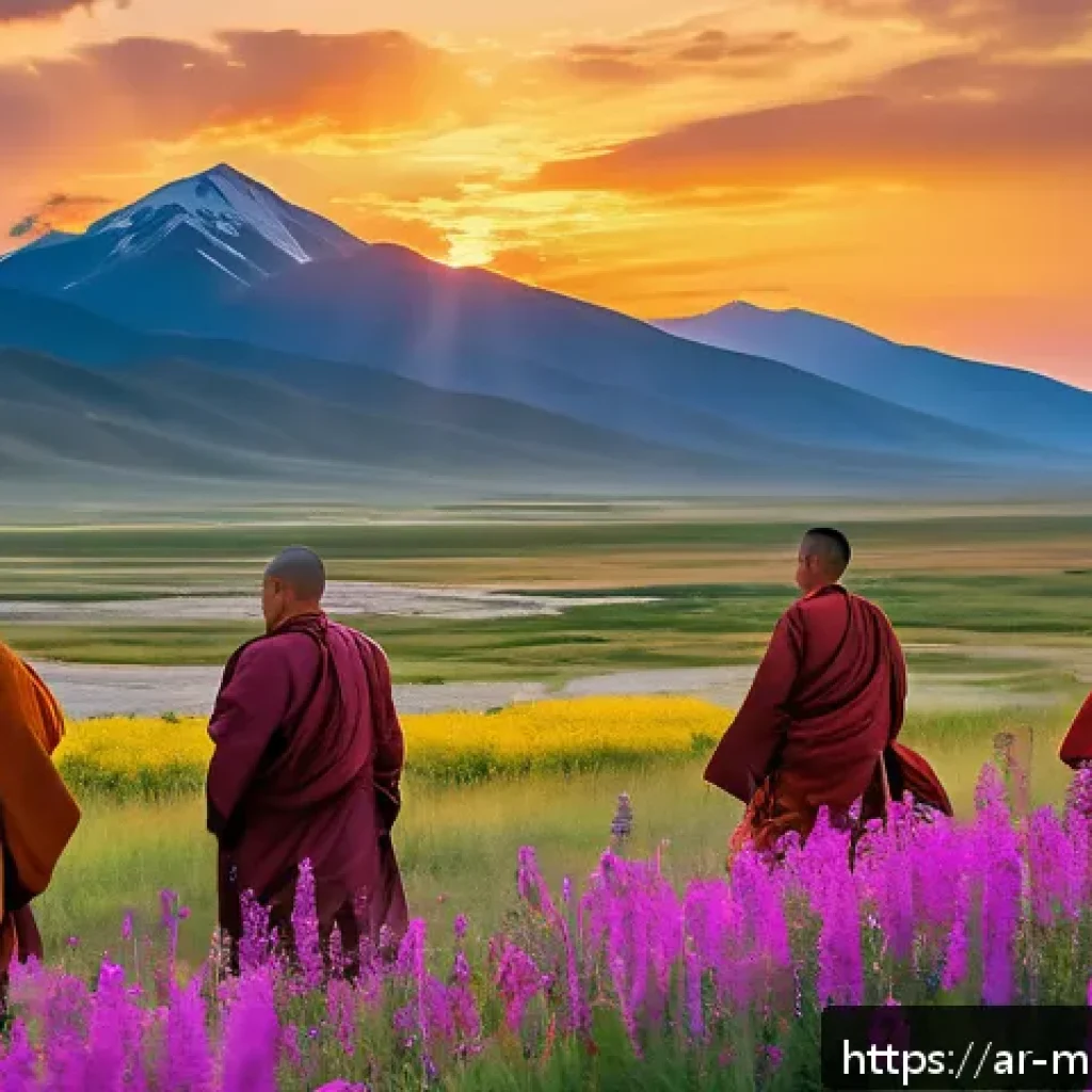 몽골의 불교 사원 가이드 - A serene Buddhist temple in Mongolia nestled among towering mountains and vast plains during sunset,...