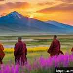 몽골의 불교 사원 가이드 - A serene Buddhist temple in Mongolia nestled among towering mountains and vast plains during sunset,...