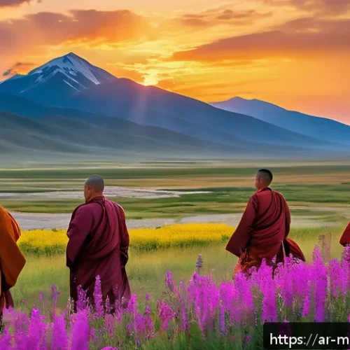 몽골의 불교 사원 가이드 - A serene Buddhist temple in Mongolia nestled among towering mountains and vast plains during sunset,...