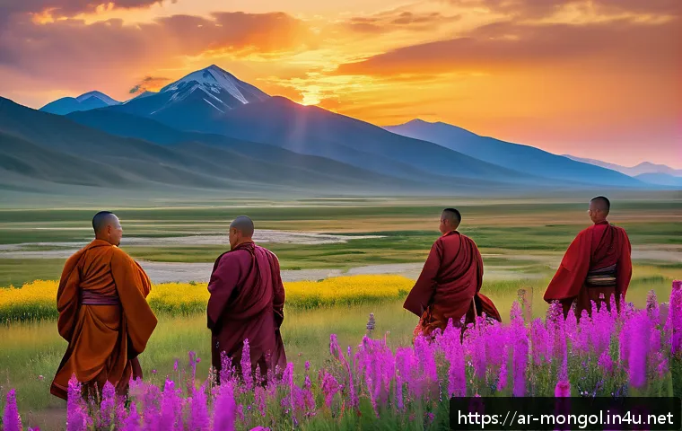 몽골의 불교 사원 가이드 - A serene Buddhist temple in Mongolia nestled among towering mountains and vast plains during sunset,...