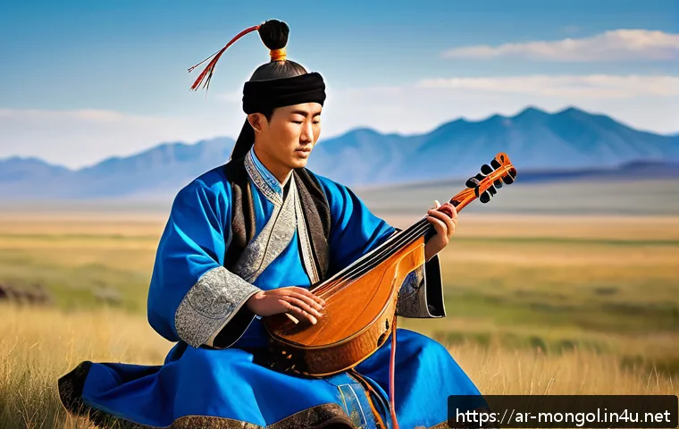 몽골 전통 악기의 종류 - A traditional Mongolian musician playing the Morin Khuur, a deep-stringed instrument resembling a ho...