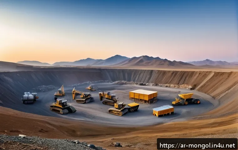 몽골의 주요 생산품 - A panoramic view of a modern Mongolian mining site at sunrise, showcasing advanced mining machinery ...