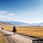몽골의 주요 교통 시스템 - A panoramic view of Mongolia&rsquo;s diverse terrain featuring vast open steppes with dusty unpaved roads ...