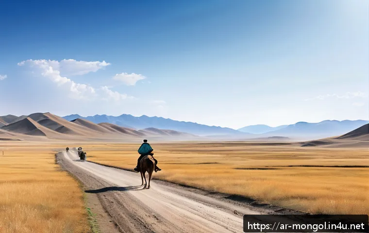 몽골의 주요 교통 시스템 - A panoramic view of Mongolia&rsquo;s diverse terrain featuring vast open steppes with dusty unpaved roads ...