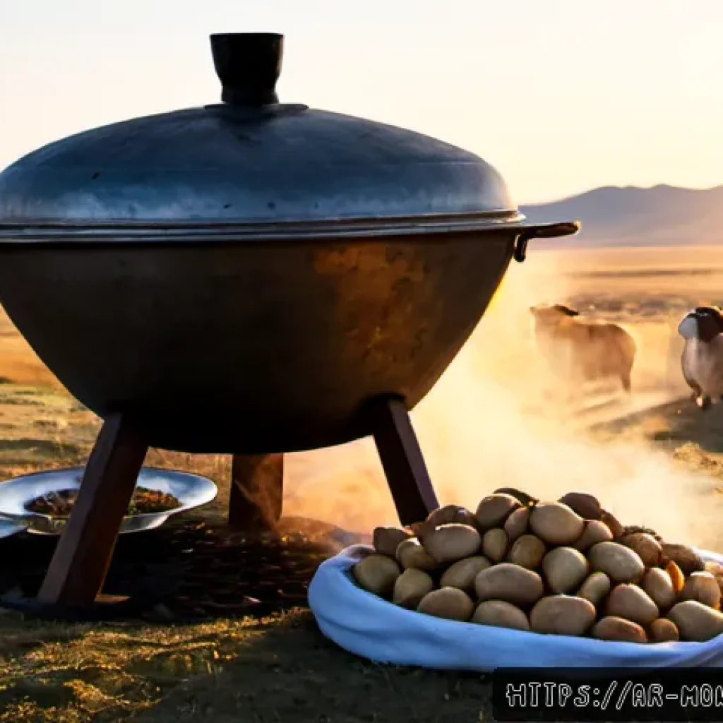 몽골 전통 음식 흐르흐 - Photorealistic Mongolian khorkhog feast on the open steppe at sunset, a large stainless-steel cookin...