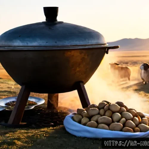 몽골 전통 음식 흐르흐 - Photorealistic Mongolian khorkhog feast on the open steppe at sunset, a large stainless-steel cookin...