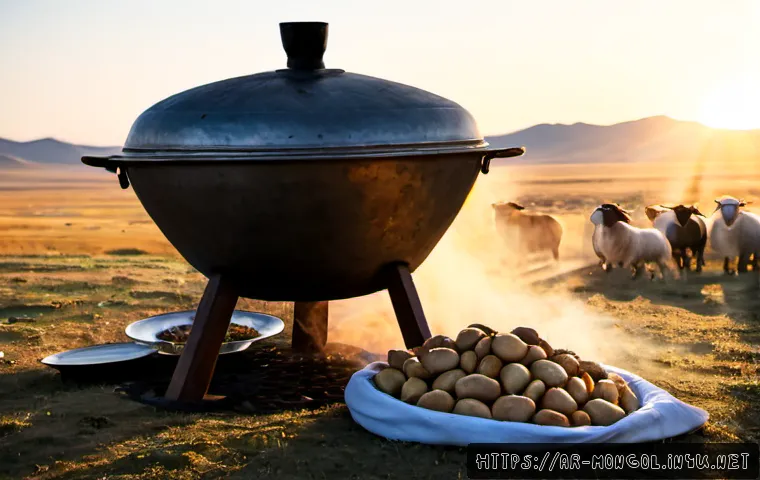 몽골 전통 음식 흐르흐 - Photorealistic Mongolian khorkhog feast on the open steppe at sunset, a large stainless-steel cookin...