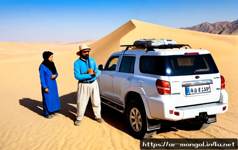 고비사막 투어 가이드 - Photorealistic Gobi Desert tour guide scene for Arab travelers, a friendly Mongolian local guide in ...