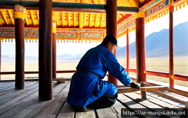 몽골 전통 건축물의 복원 과정 - Photorealistic documentary scene of Mongolian traditional architecture restoration, skilled craftspe...