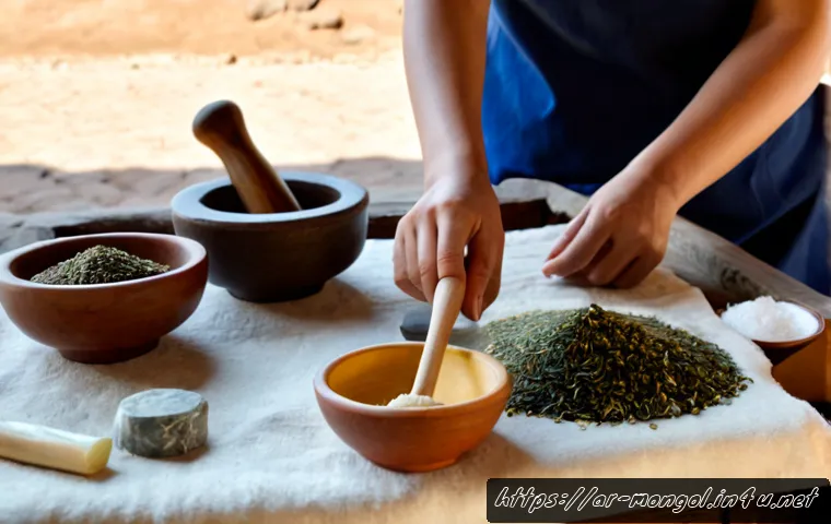 Home 17 몽골의 전통 화장품 제조법 - Photorealistic close-up of a Mongolian artisan preparing traditional natural skincare balm, gently g...