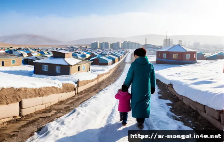 Home 17 몽골 사회 이슈 - Photorealistic wide-angle view of a Mongolian ger district on the outskirts of Ulaanbaatar during wi...