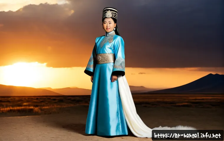 몽골 전통 의복의 상징성 - Photorealistic full-length portrait of a Mongolian woman wearing an elegant traditional silk deel wi...