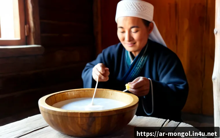 몽골의 독특한 술 종류 - Photorealistic Mongolian airag tasting scene inside a traditional ger, a polished wooden bowl filled...